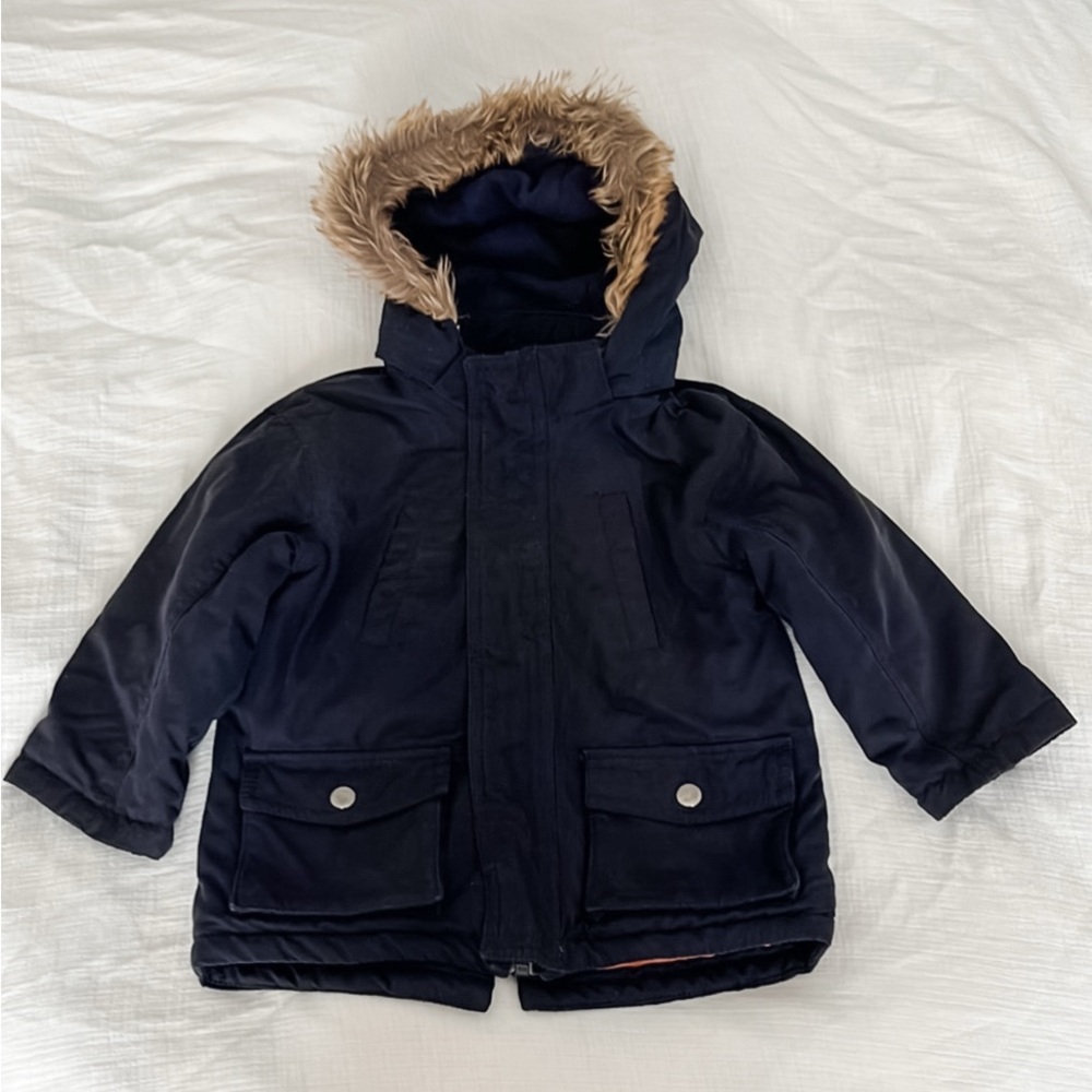 Navy Hooded Jacket with Faux Fur Trim | H&M | 12-18 Months